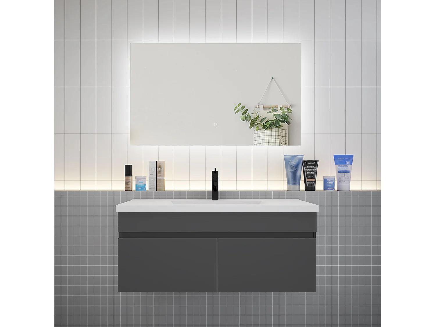 Ensemble meuble vasque L.100cm lavabo + LED miroir 100cm,anthracite