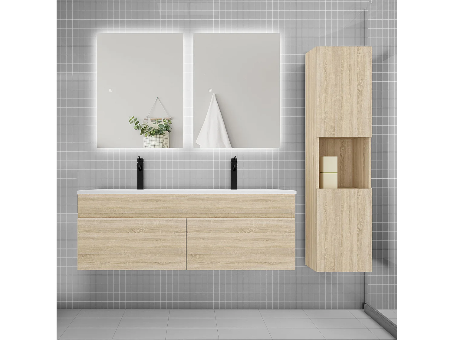 Ensemble meuble vasque 120cm lavabo + colonne + miroir,chêne