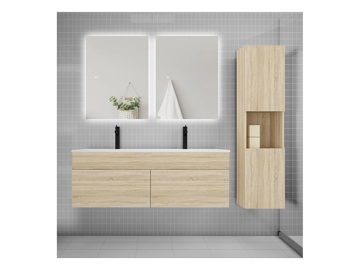 Ensemble meuble vasque 120cm lavabo + colonne + miroir,chêne