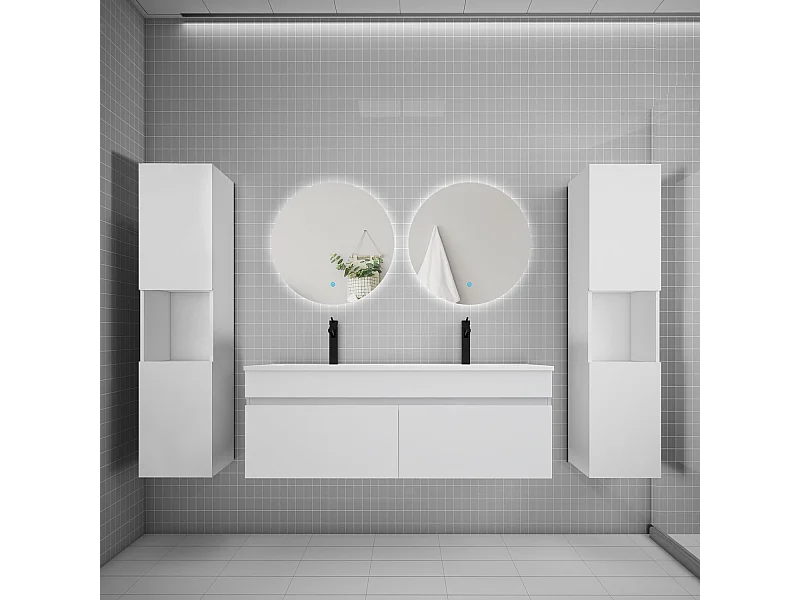 Ensemble meuble vasque L.120cm lavabo + colonne + LED miroir rond 60cm,blanc