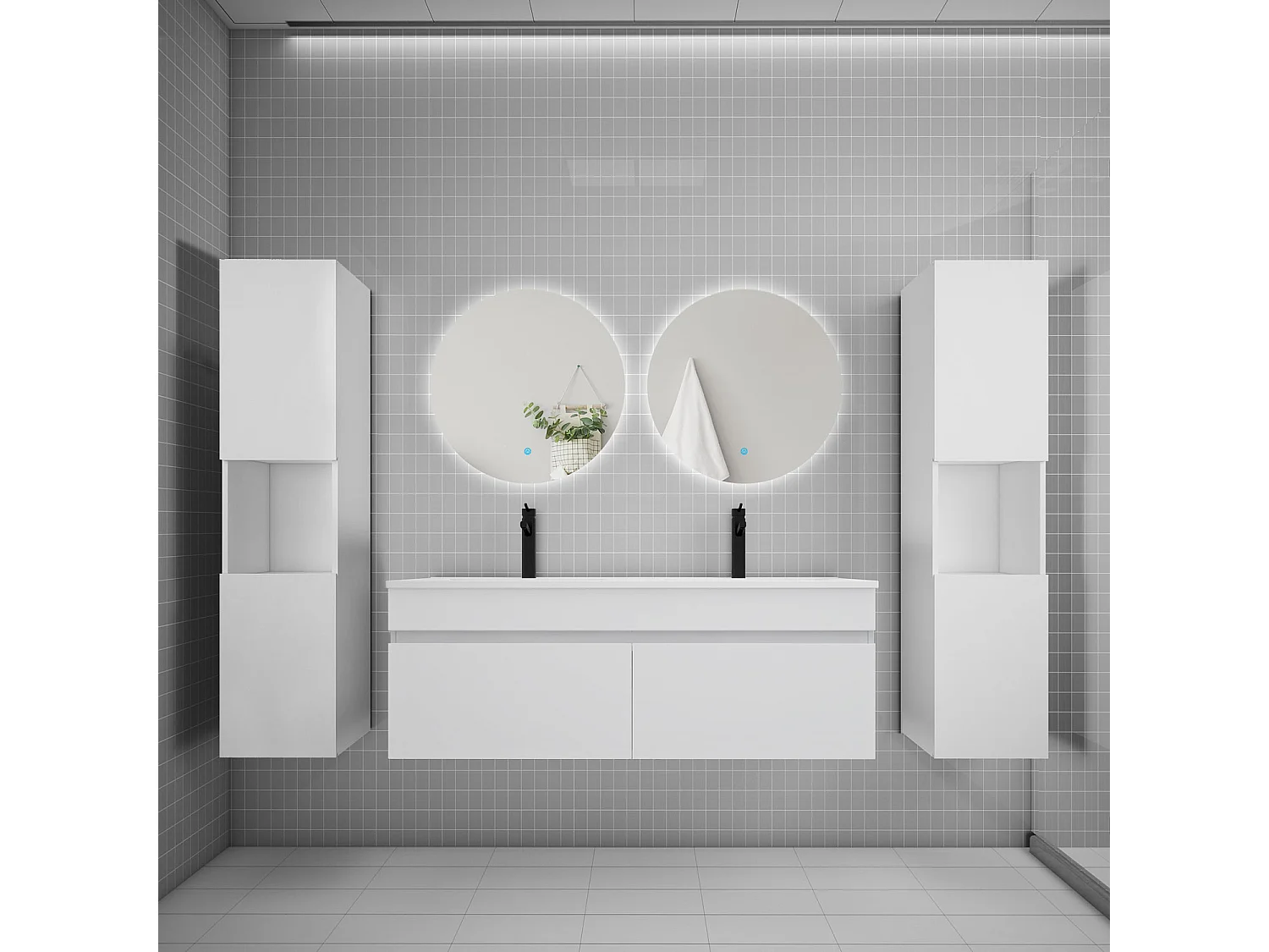 Ensemble meuble vasque L.120cm lavabo + colonne + LED miroir rond 60cm,blanc