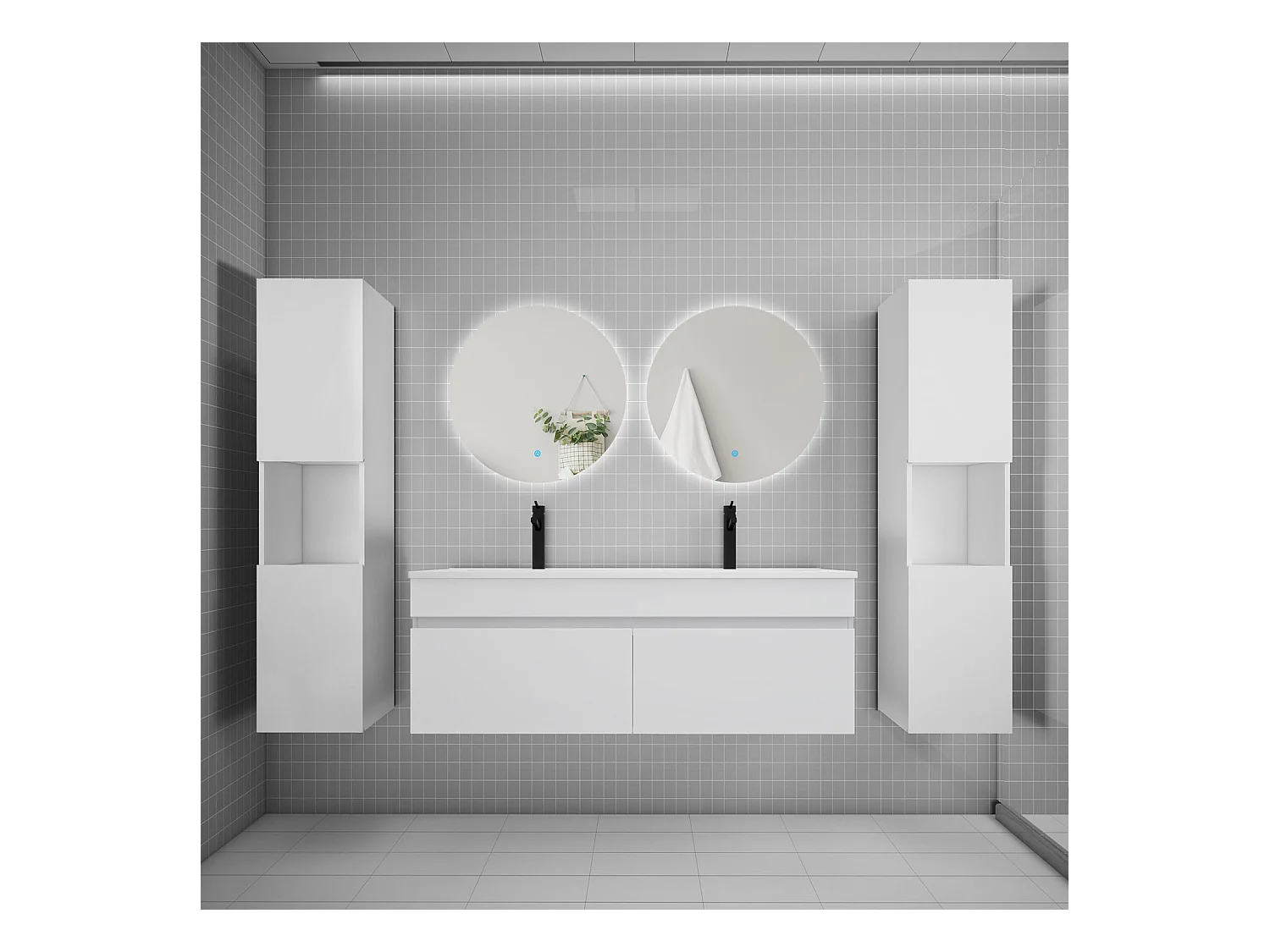Ensemble meuble vasque L.120cm lavabo + colonne + LED miroir rond 60cm,blanc