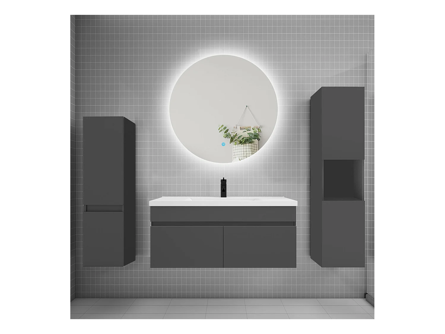 Ensemble meuble vasque L.100cm lavabo + colonne + miroir rond mural 100cm,anthracite