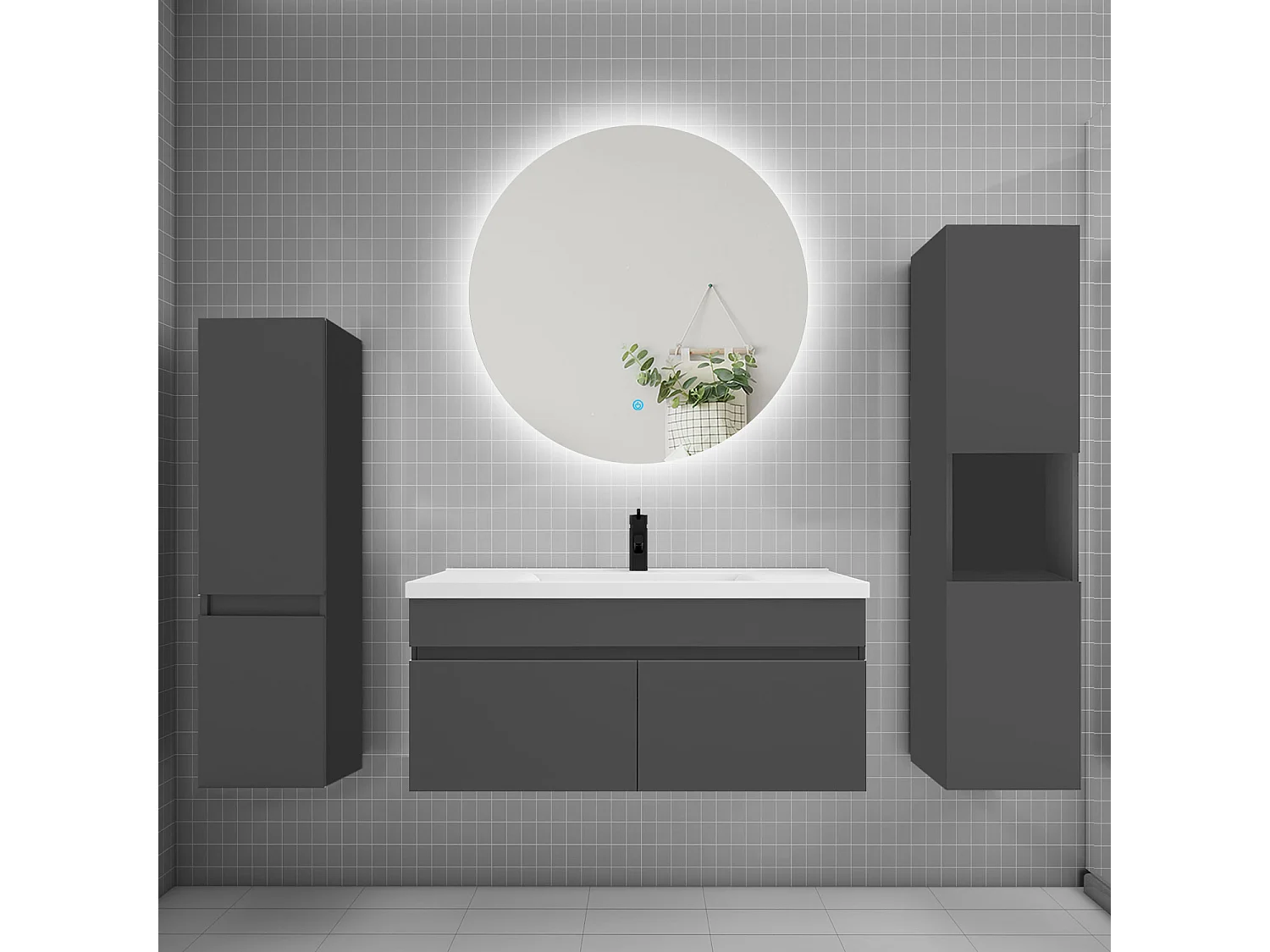 Ensemble meuble vasque L.100cm lavabo + colonne + miroir rond mural 100cm,anthracite