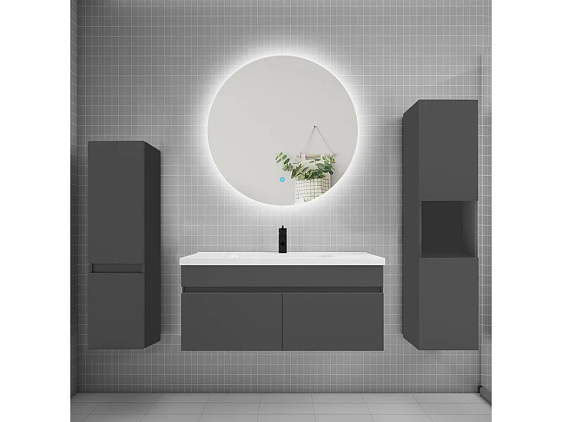 Ensemble meuble vasque L.100cm lavabo + colonne + miroir rond mural 100cm,anthracite