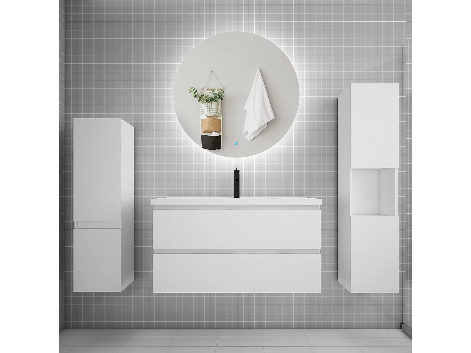 Ensemble meuble vasque L.100cm 2 tiroirs + lavabo + colonne + miroir rond mural 100cm,blanc