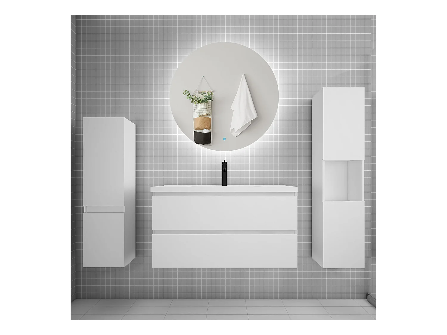 Ensemble meuble vasque L.100cm 2 tiroirs + lavabo + colonne + miroir rond mural 100cm,blanc