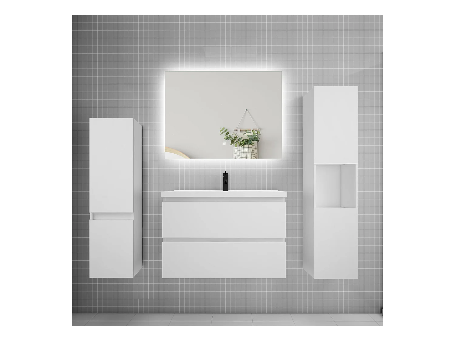 Ensemble meuble vasque L.80cm 2 tiroirs + lavabo + colonne + miroir mural 80cm,blanc