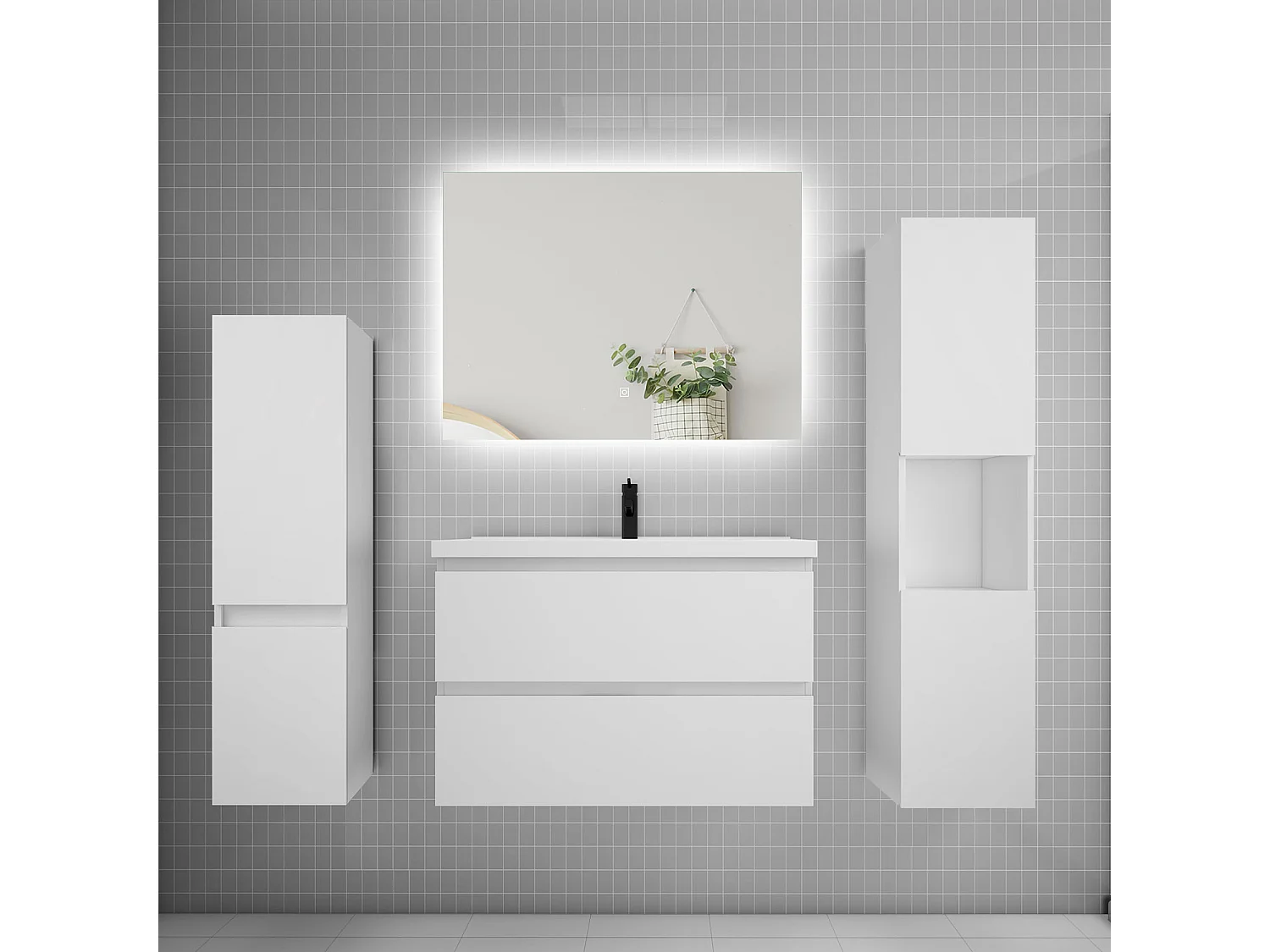 Ensemble meuble vasque L.80cm 2 tiroirs + lavabo + colonne + miroir mural 80cm,blanc