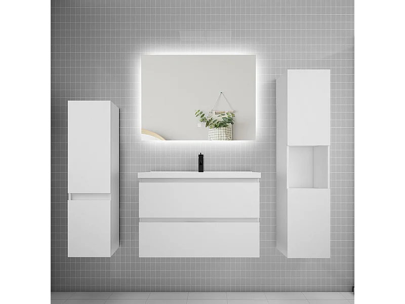 Ensemble meuble vasque L.80cm 2 tiroirs + lavabo + colonne + miroir mural 80cm,blanc