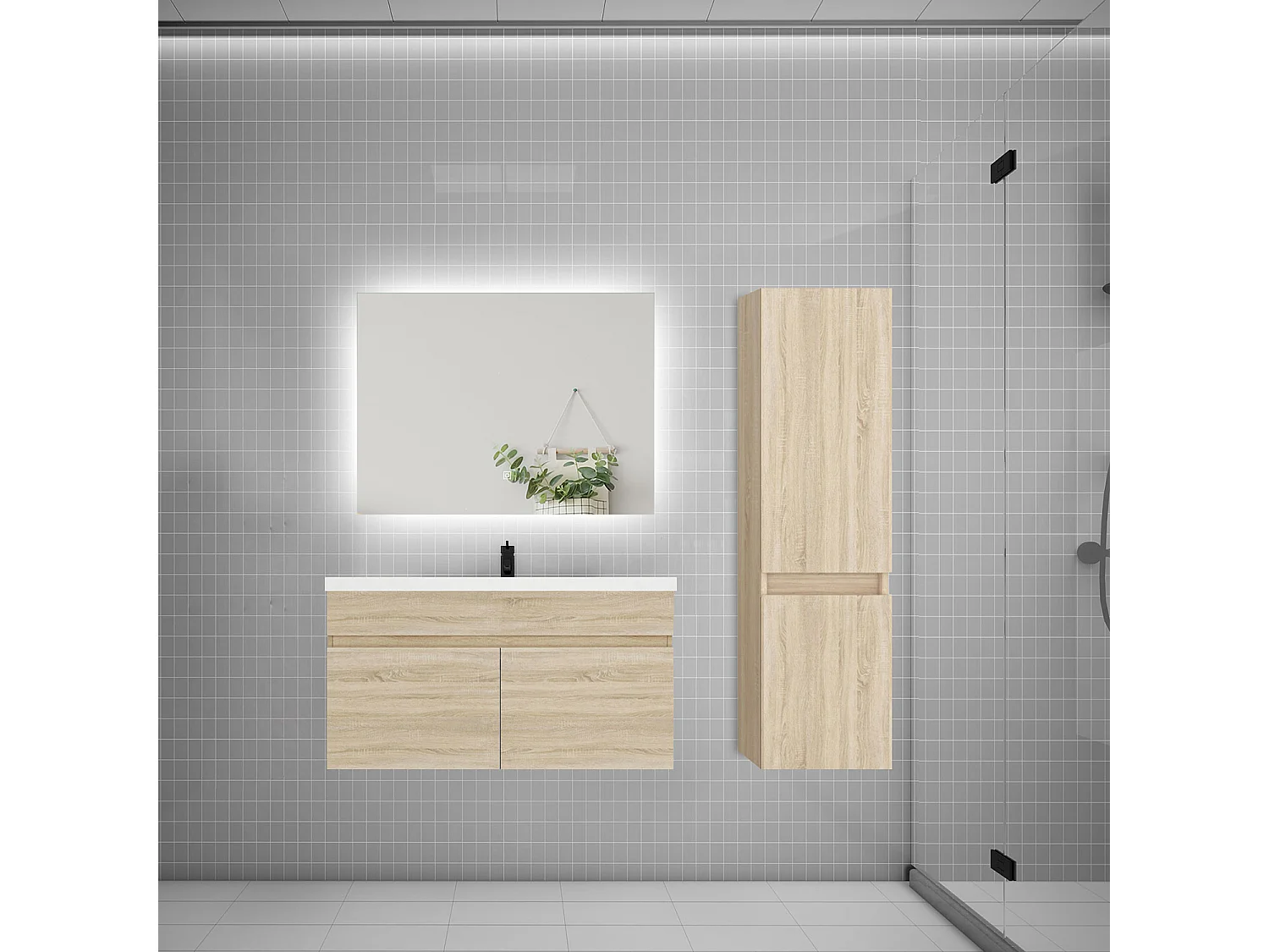Ensemble meuble simple vasque 80cm lavabo + colonne + miroir,chêne