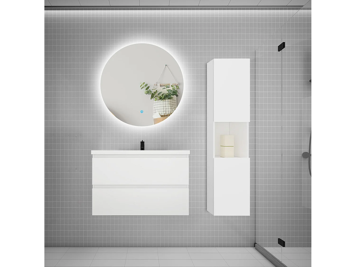 Ensemble meuble vasque 80cm 2 tiroirs + lavabo + colonne + miroir rond,blanc