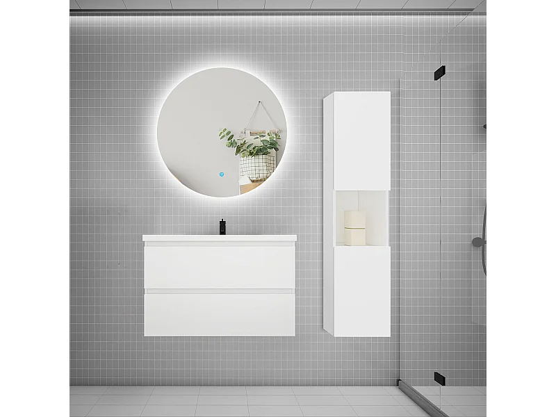 Ensemble meuble vasque 80cm 2 tiroirs + lavabo + colonne + miroir rond,blanc