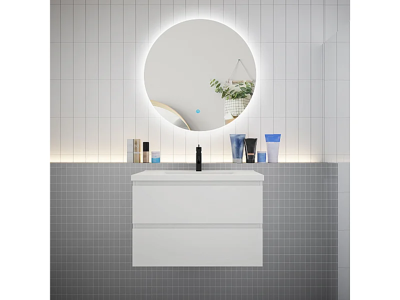 Ensemble meuble vasque L.80cm 2 tiroirs + lavabo + LED miroir rond 80cm,blanc