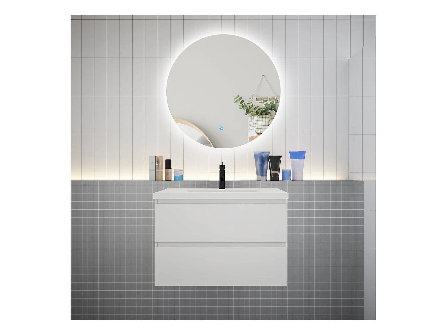 Ensemble meuble vasque L.80cm 2 tiroirs + lavabo + LED miroir rond 80cm,blanc