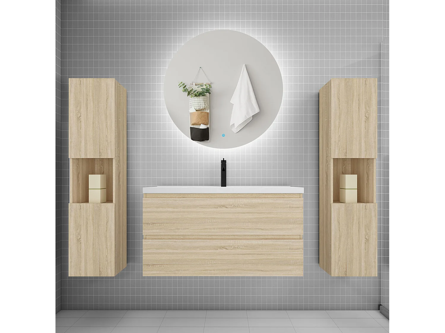 Ensemble meuble vasque L.100cm 2 tiroirs + lavabo + colonne + LED miroir rond 100cm,chêne