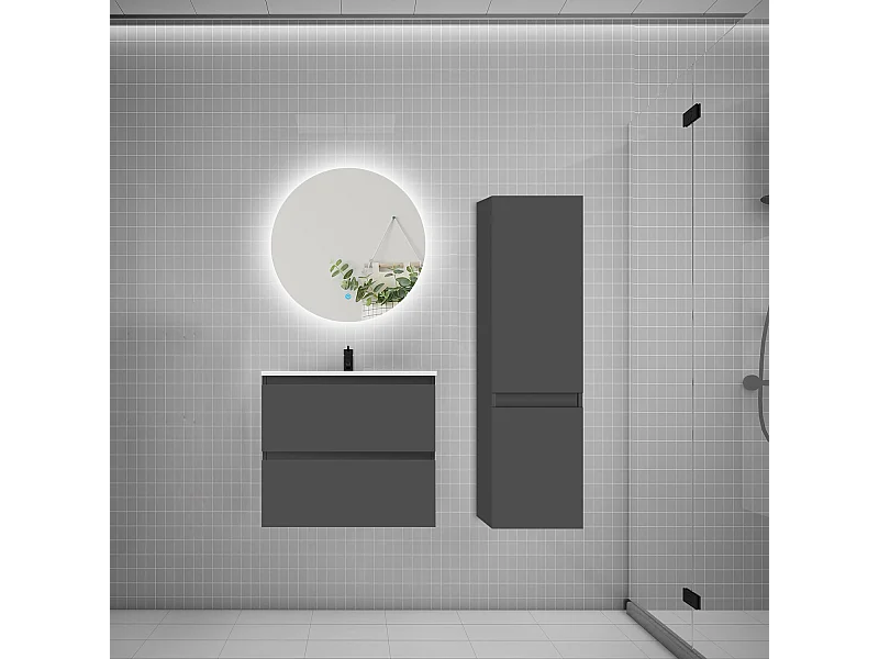 Ensemble meuble simple vasque 60cm 2 tiroirs + lavabo + colonne + miroir rond,anthracite