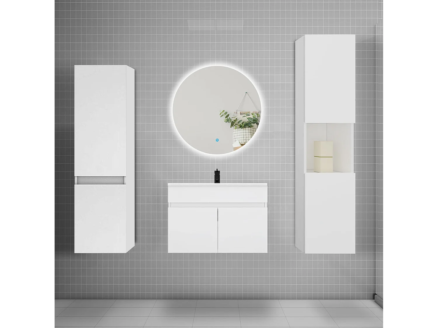 Ensemble meuble vasque L.60cm lavabo + colonne + miroir rond mural 60cm,blanc