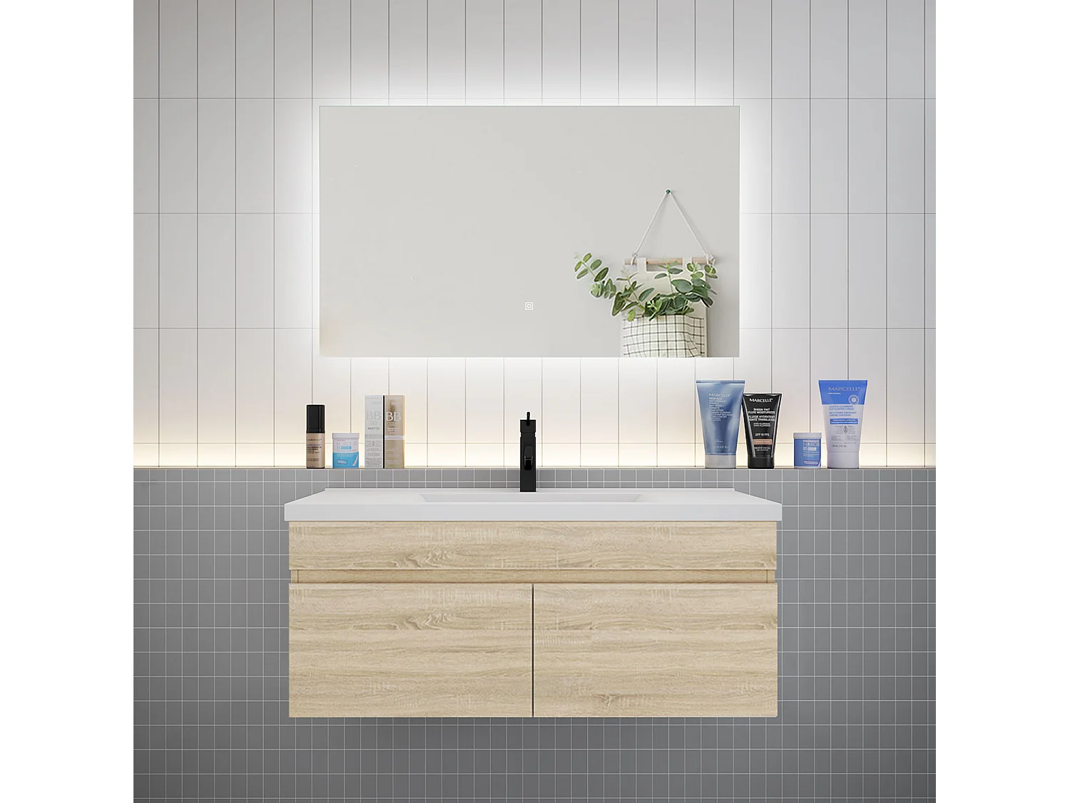 Ensemble meuble vasque L.100cm lavabo + LED miroir 100cm,chêne