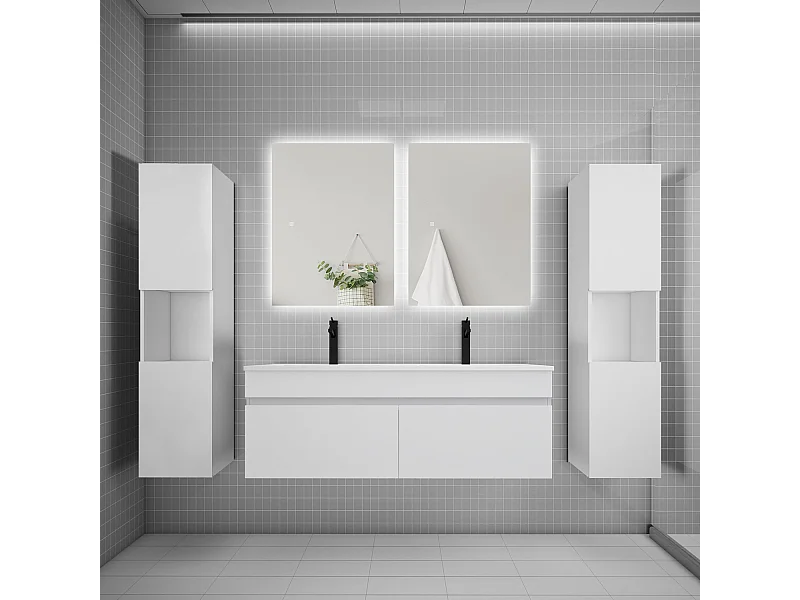 Ensemble meuble vasque L.120cm lavabo + colonne + LED miroir 60cm,blanc