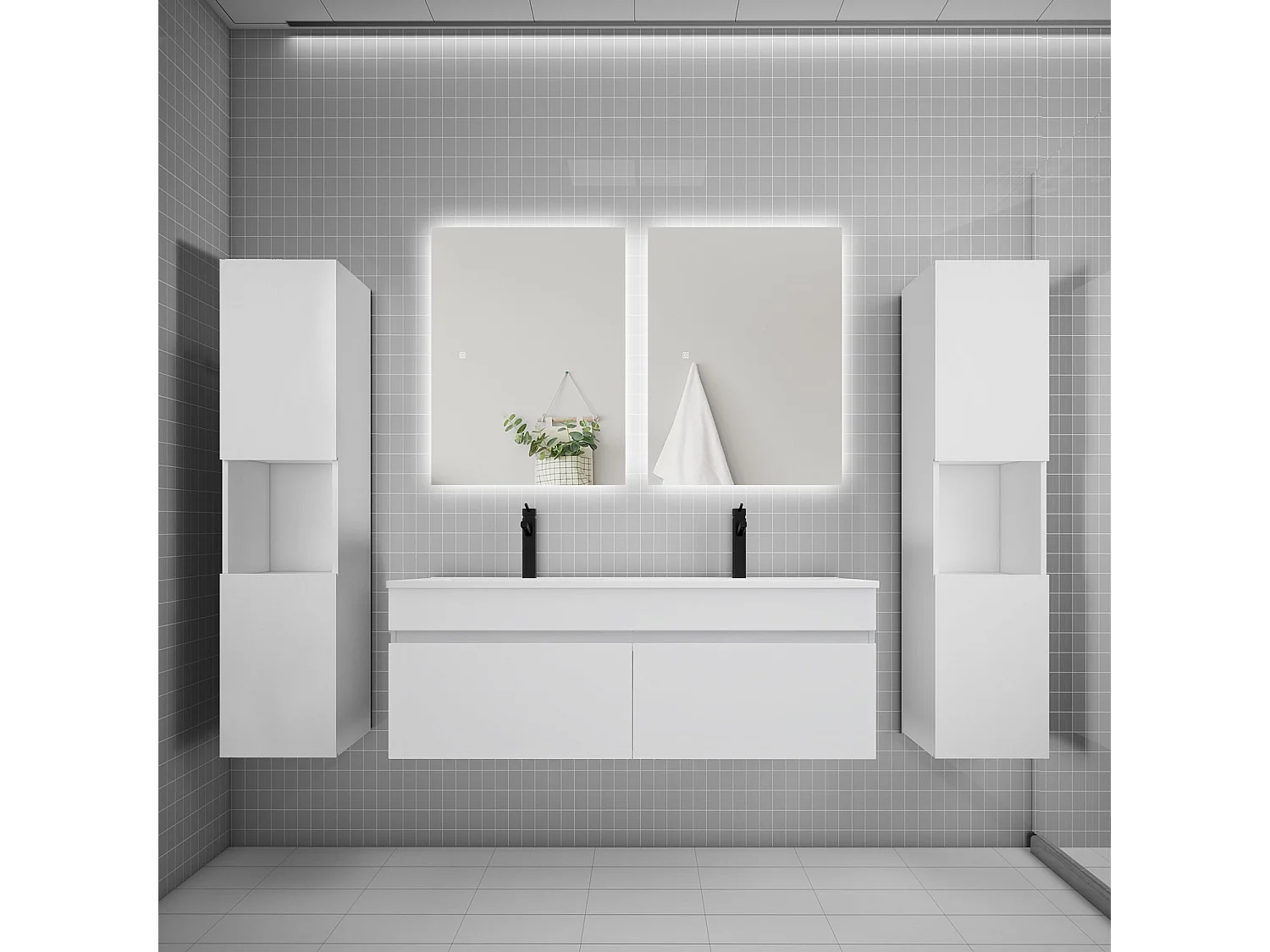 Ensemble meuble vasque L.120cm lavabo + colonne + LED miroir 60cm,blanc