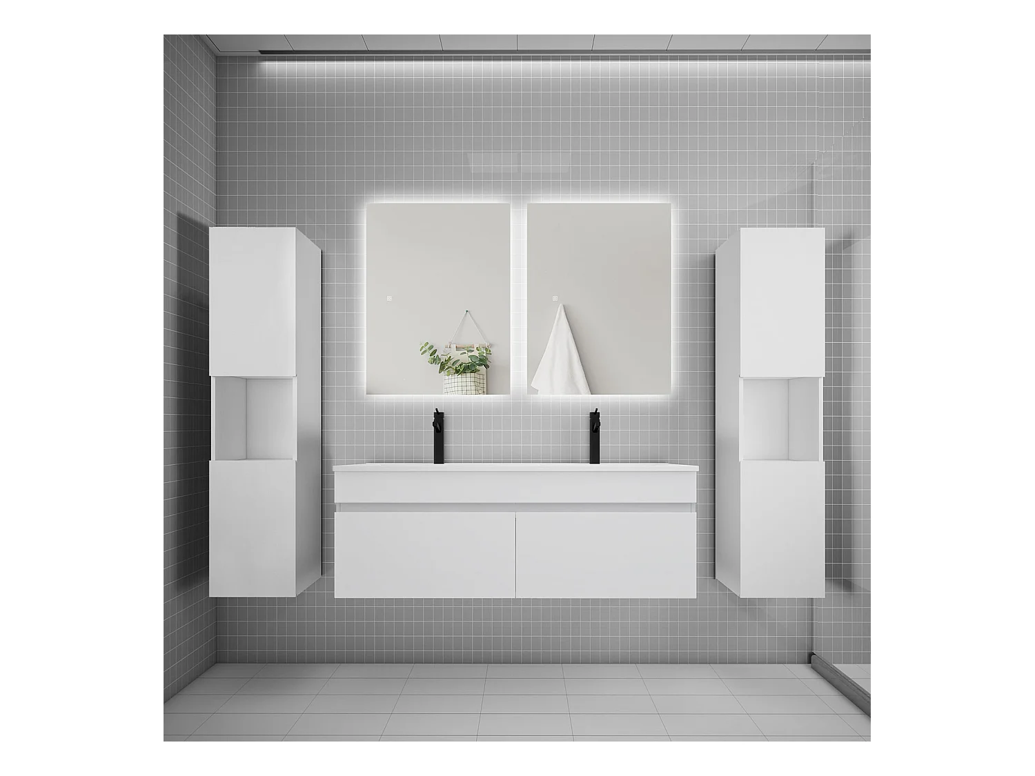 Ensemble meuble vasque L.120cm lavabo + colonne + LED miroir 60cm,blanc