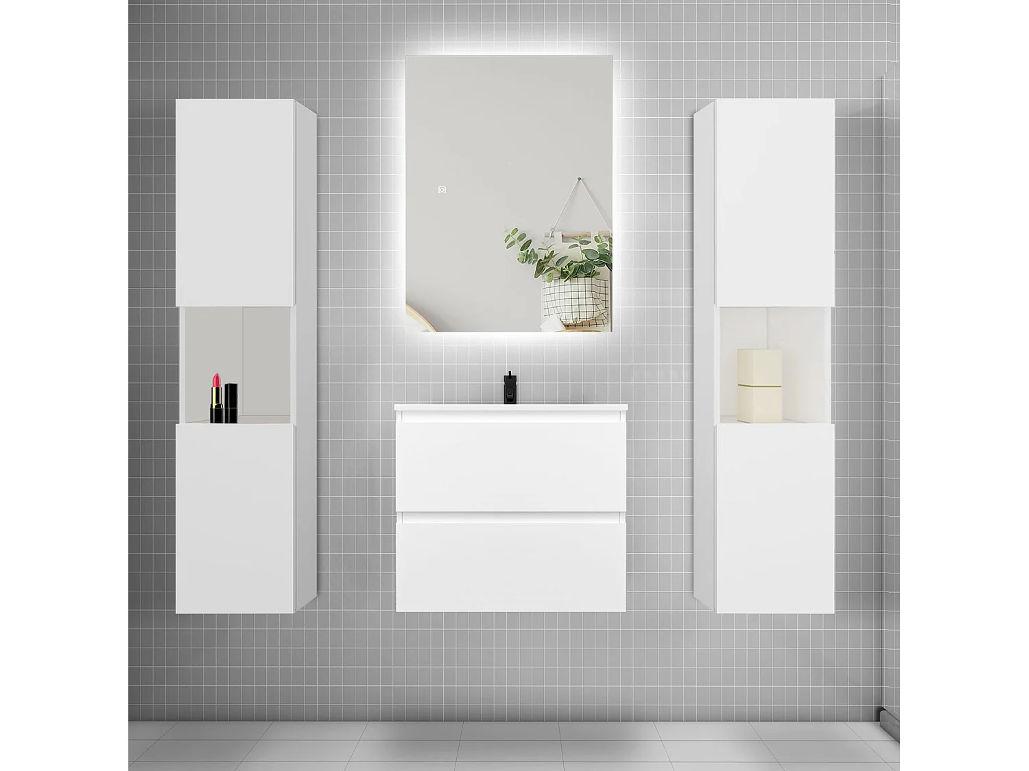 Ensemble meuble vasque L.60cm 2 tiroirs + lavabo + colonne + LED miroir 60cm,blanc
