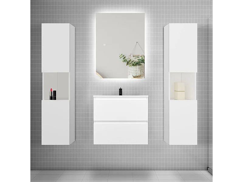 Ensemble meuble vasque L.60cm 2 tiroirs + lavabo + colonne + LED miroir 60cm,blanc