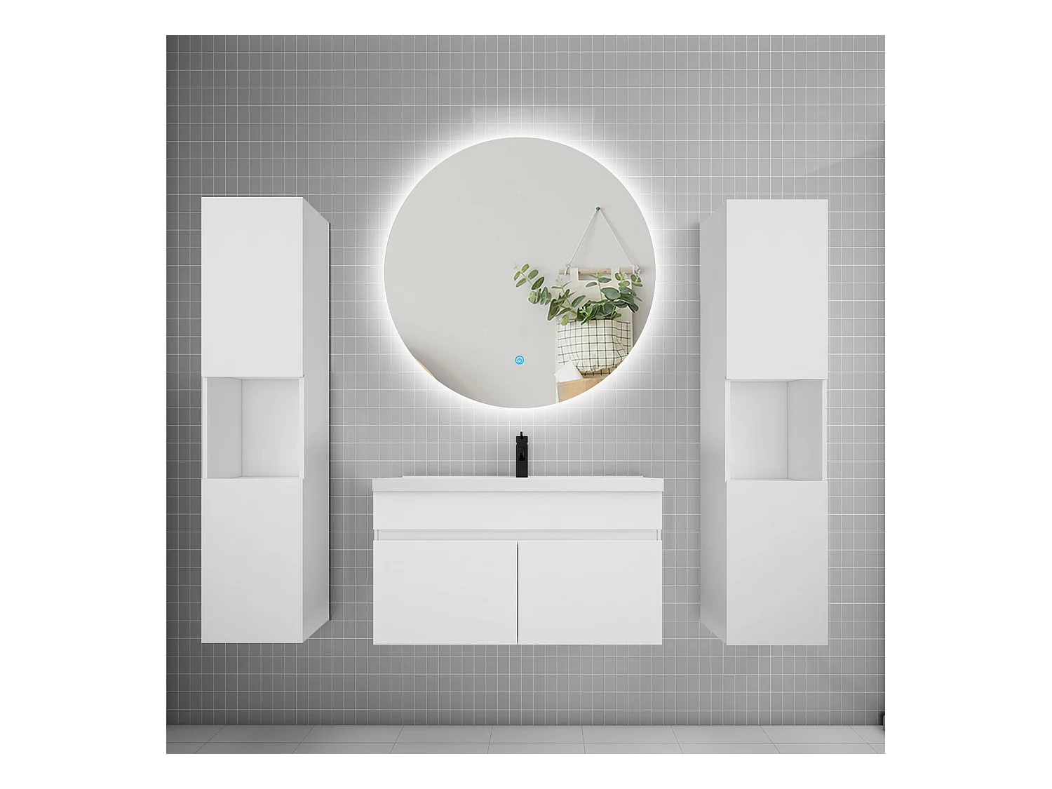 Ensemble meuble vasque L.80cm lavabo + colonne + LED miroir rond 80cm,blanc