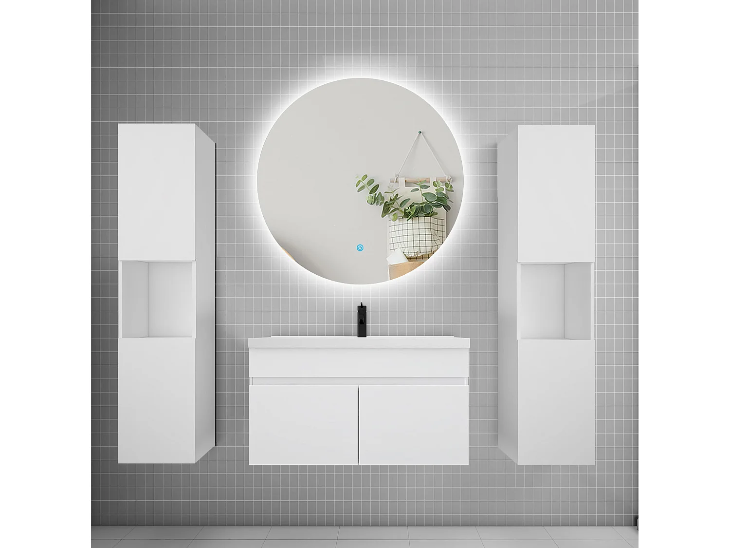 Ensemble meuble vasque L.80cm lavabo + colonne + LED miroir rond 80cm,blanc