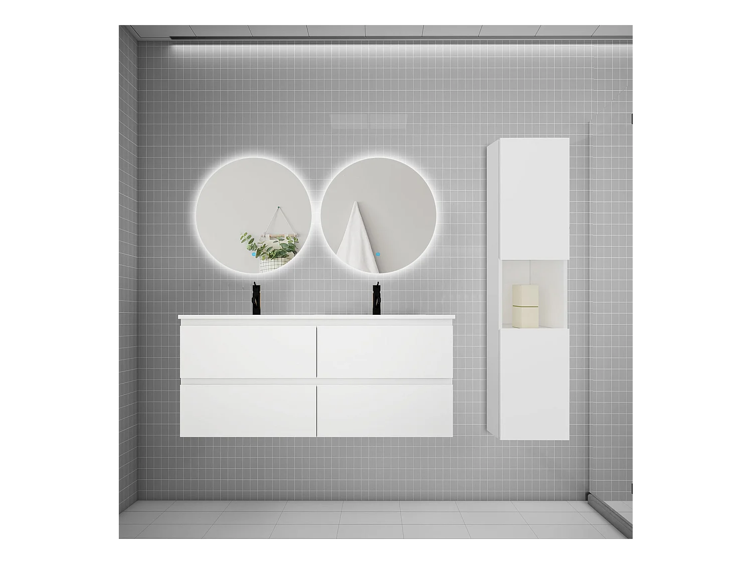 Ensemble meuble vasque 120cm 2 tiroirs + lavabo + colonne + miroir rond,blanc