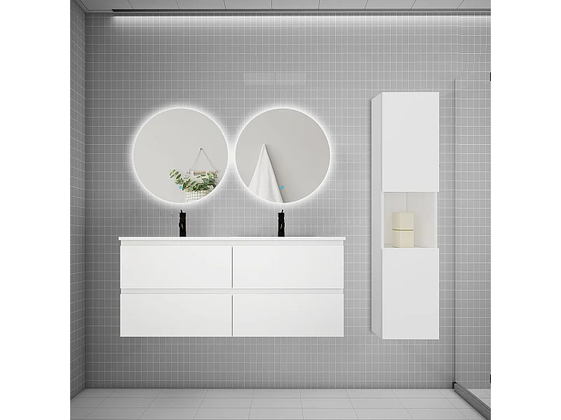 Ensemble meuble vasque 120cm 2 tiroirs + lavabo + colonne + miroir rond,blanc
