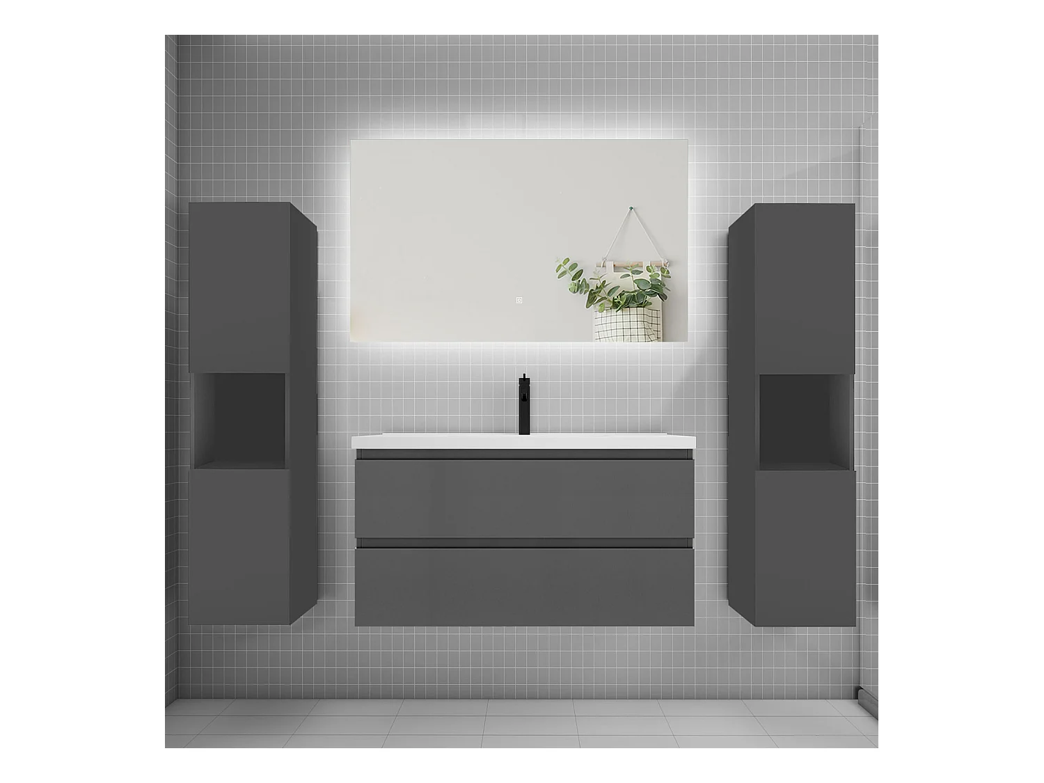 Ensemble meuble vasque L.100cm 2 tiroirs + lavabo + colonne + LED miroir 100cm,anthracite
