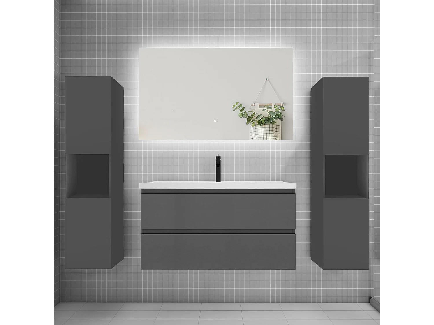 Ensemble meuble vasque L.100cm 2 tiroirs + lavabo + colonne + LED miroir 100cm,anthracite