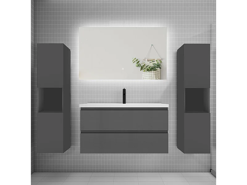 Ensemble meuble vasque L.100cm 2 tiroirs + lavabo + colonne + LED miroir 100cm,anthracite
