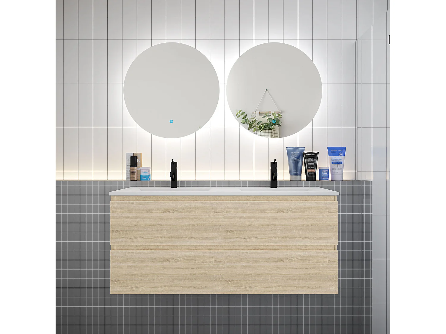 Ensemble meuble vasque L.120cm 2 tiroirs + lavabo + LED miroir rond 60cm,chêne