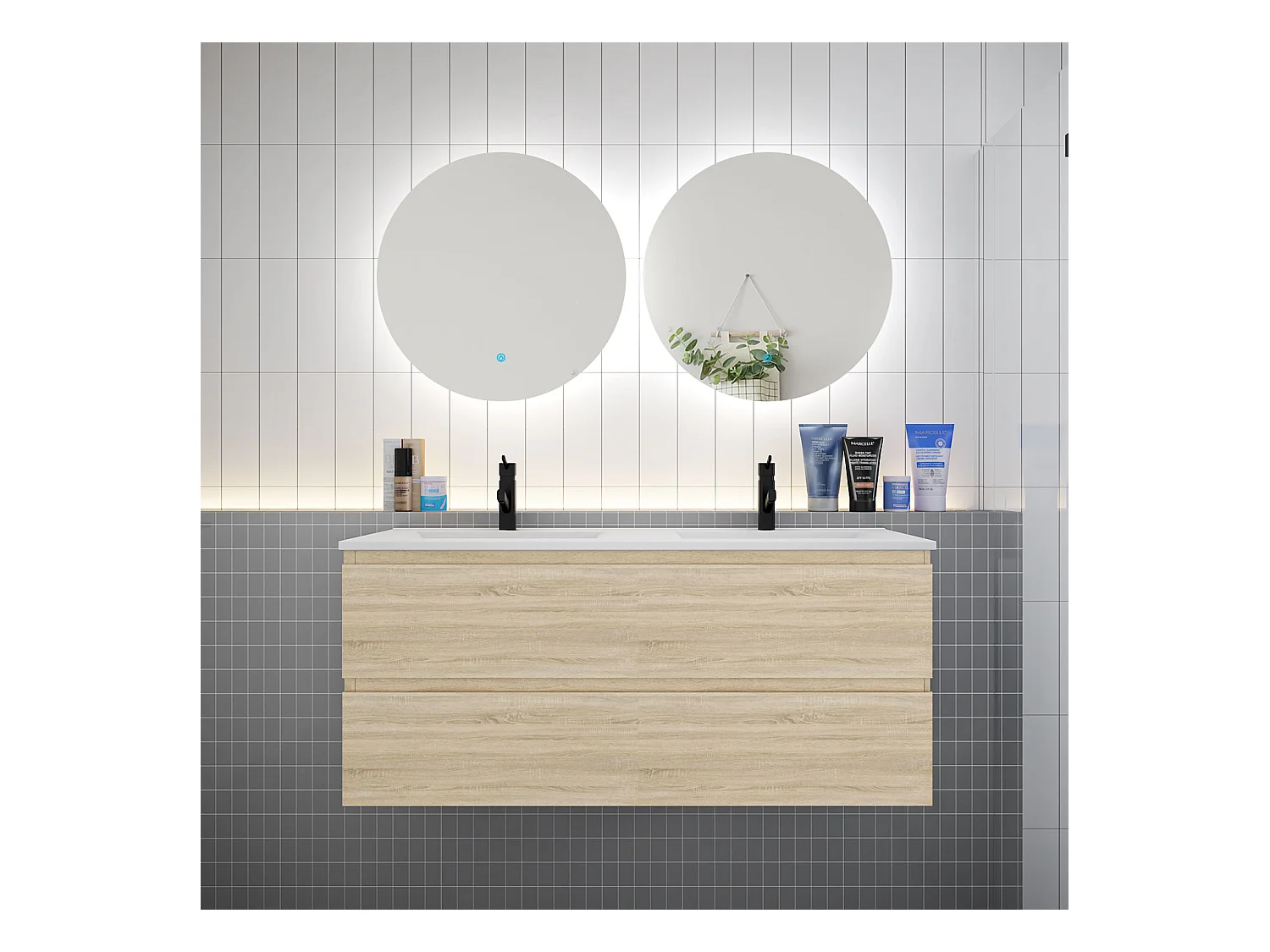 Ensemble meuble vasque L.120cm 2 tiroirs + lavabo + LED miroir rond 60cm,chêne
