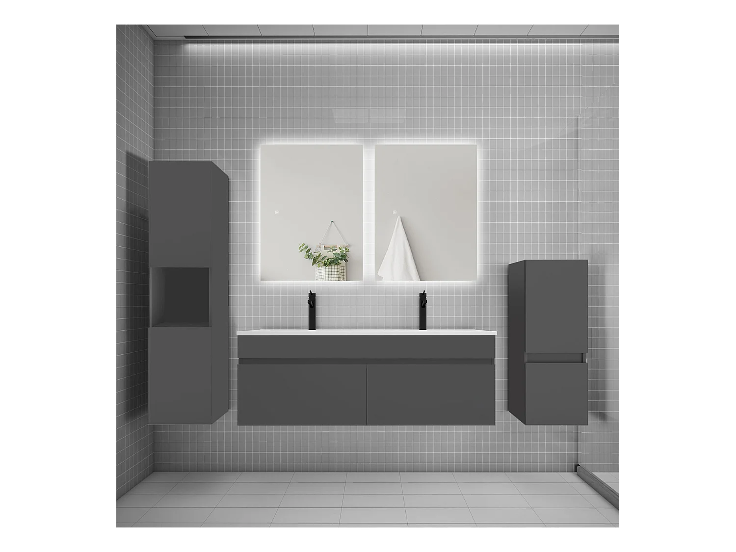 Ensemble meuble vasque L.120cm lavabo + colonne + miroir,anthracite