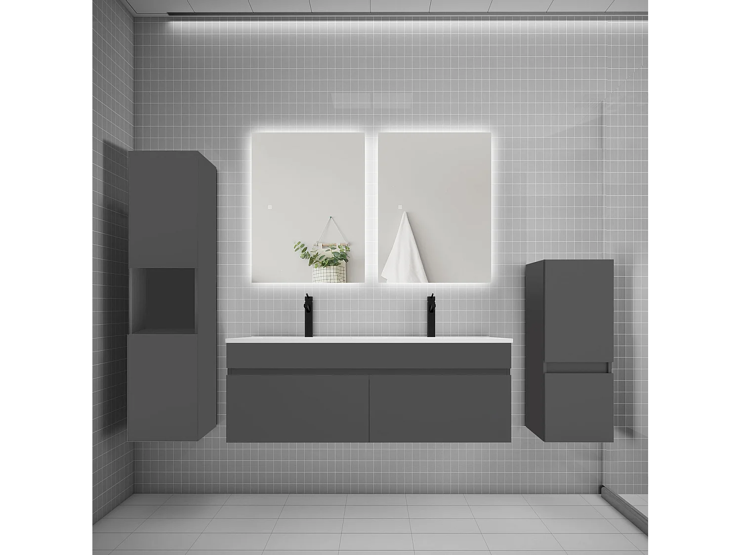 Ensemble meuble vasque L.120cm lavabo + colonne + miroir,anthracite