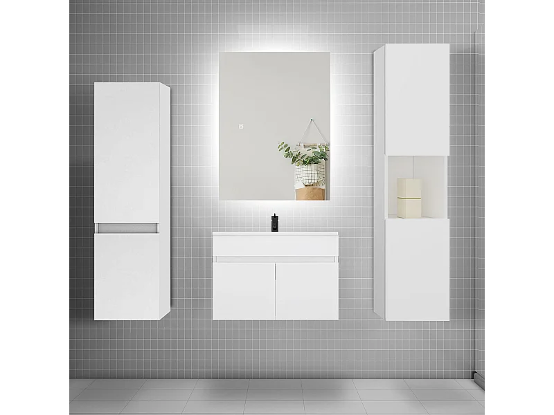 Ensemble meuble vasque L.60cm lavabo + colonne + miroir mural 60cm,blanc
