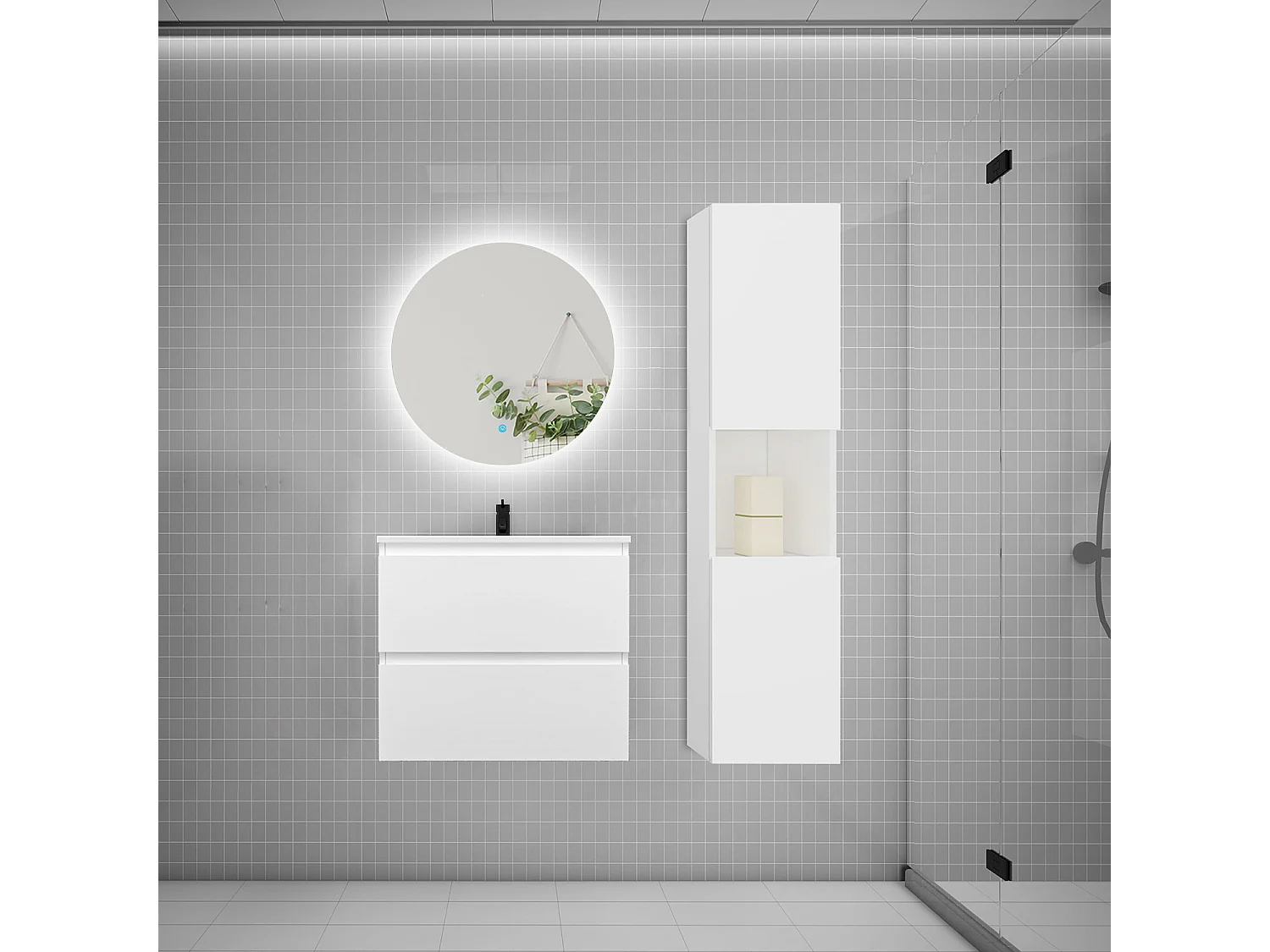 Ensemble meuble vasque 60cm 2 tiroirs + lavabo + colonne + miroir rond,blanc