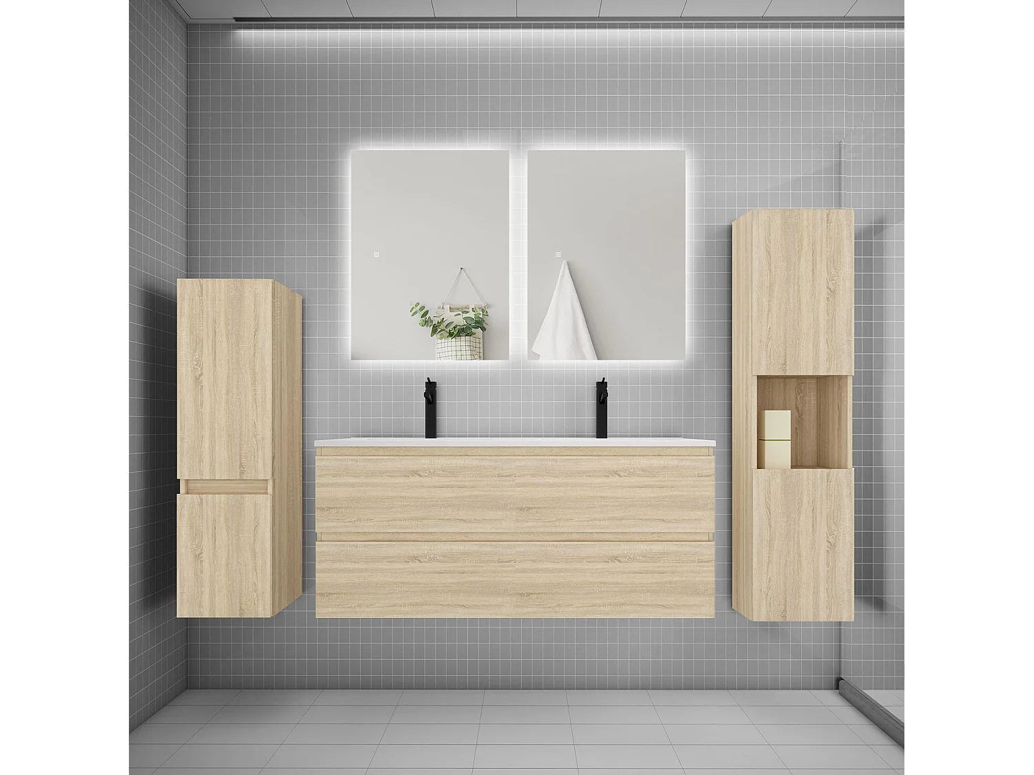 Ensemble meuble vasque L.120cm 2 tiroirs + lavabo + colonne + miroir mural 60cm,chêne