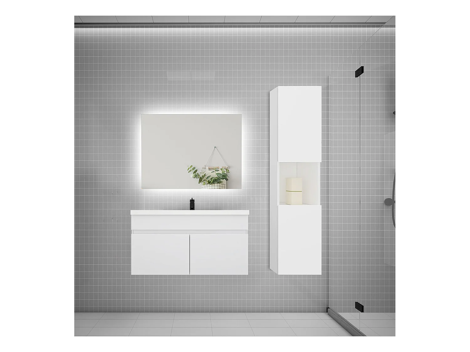 Ensemble meuble vasque 80cm lavabo + colonne + miroir,blanc