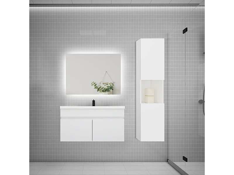 Ensemble meuble vasque 80cm lavabo + colonne + miroir,blanc