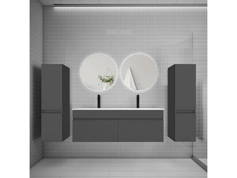 Ensemble meuble vasque L.120cm lavabo + colonne + miroir rond 60cm,anthracite
