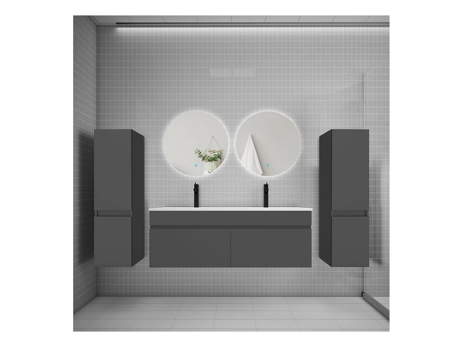 Ensemble meuble vasque L.120cm lavabo + colonne + miroir rond 60cm,anthracite