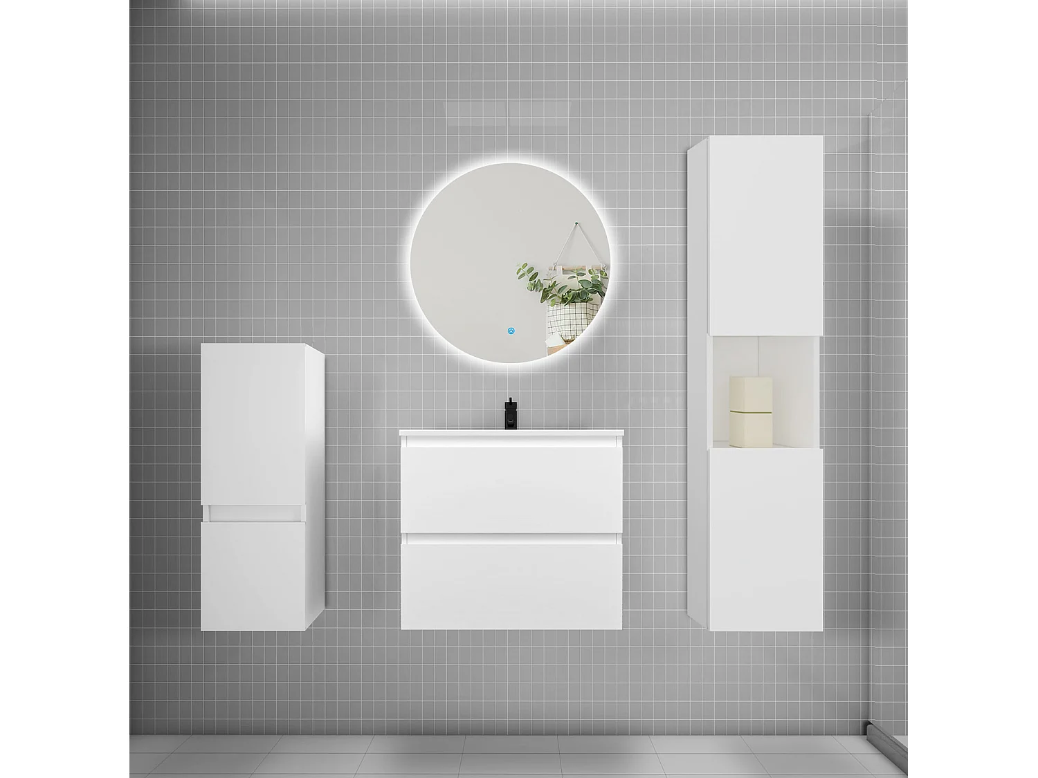 Ensemble meuble vasque L.60cm 2 tiroirs + lavabo + colonne + miroir rond,blanc