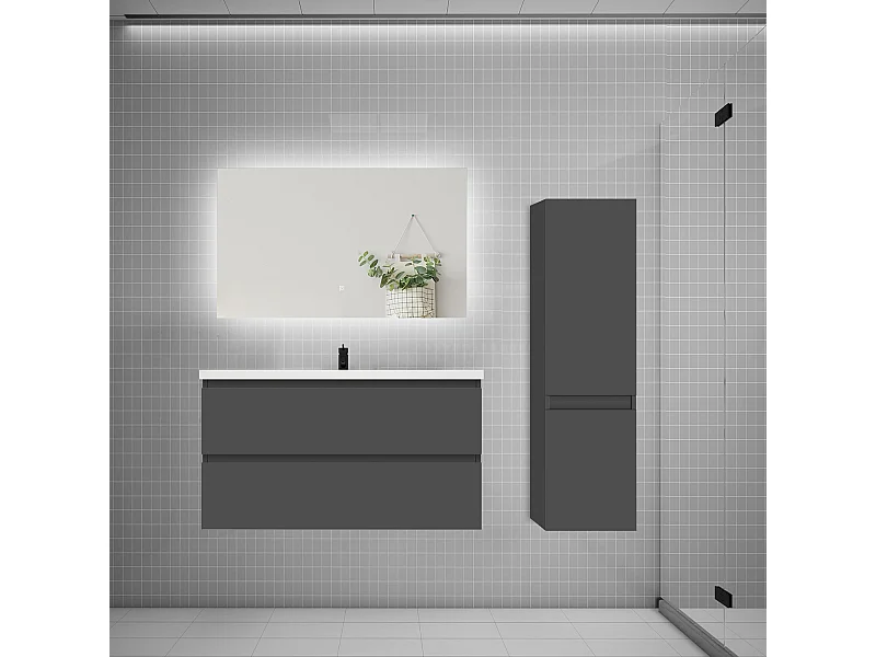 Ensemble meuble simple vasque 100cm 2 tiroirs + lavabo + colonne + miroir,anthracite