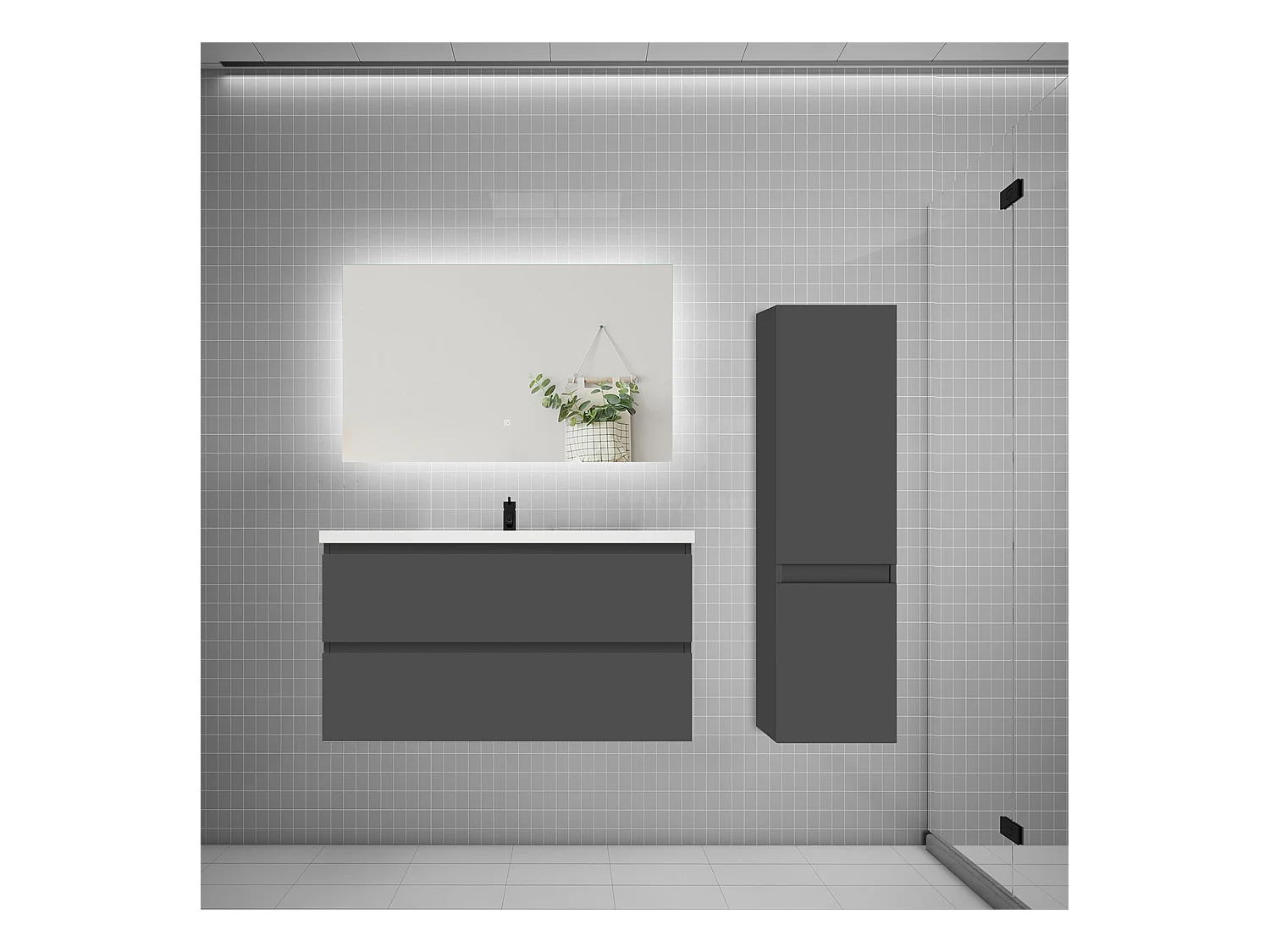 Ensemble meuble simple vasque 100cm 2 tiroirs + lavabo + colonne + miroir,anthracite