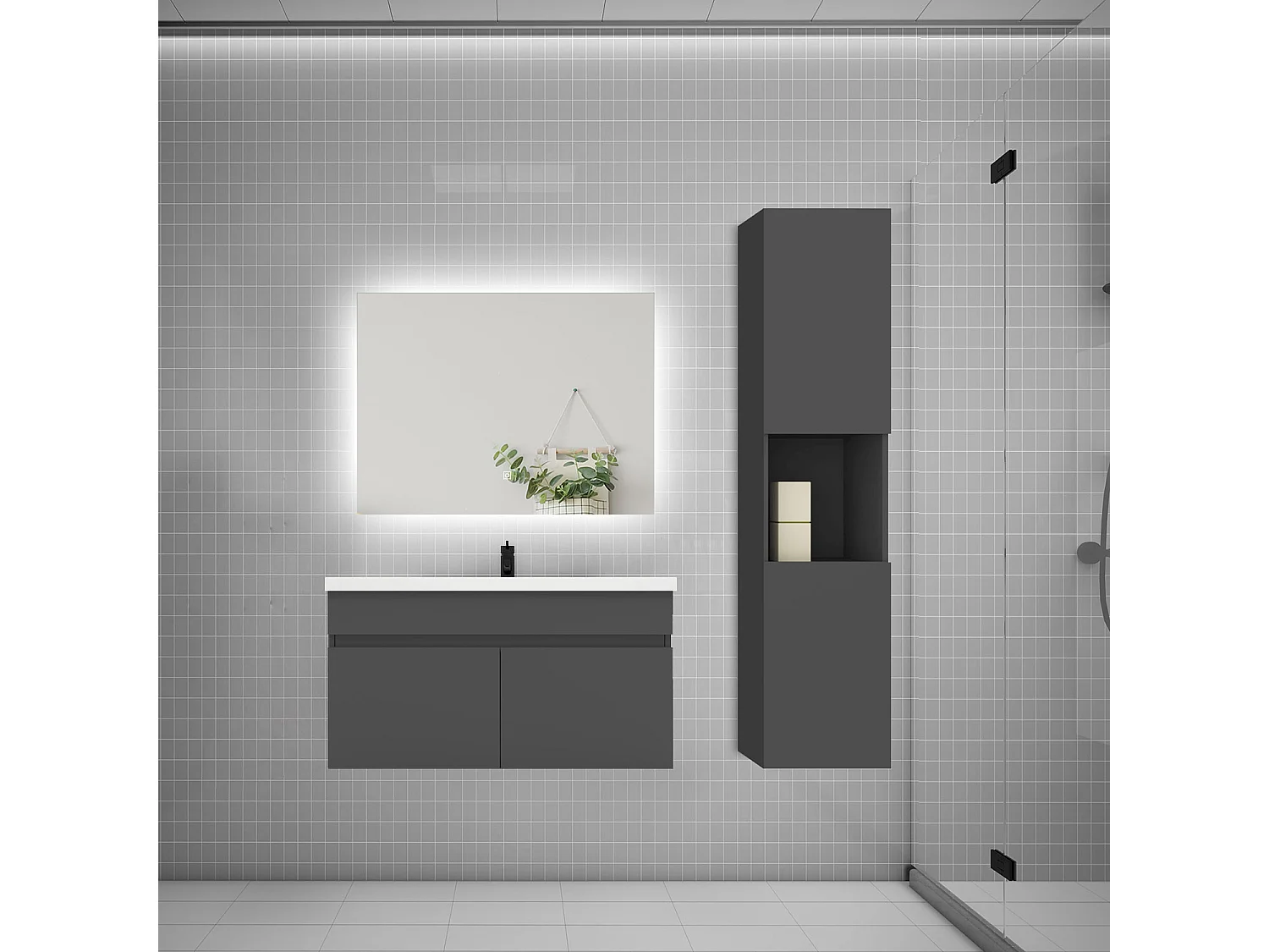 Ensemble meuble vasque 80cm lavabo + colonne + miroir,anthracite
